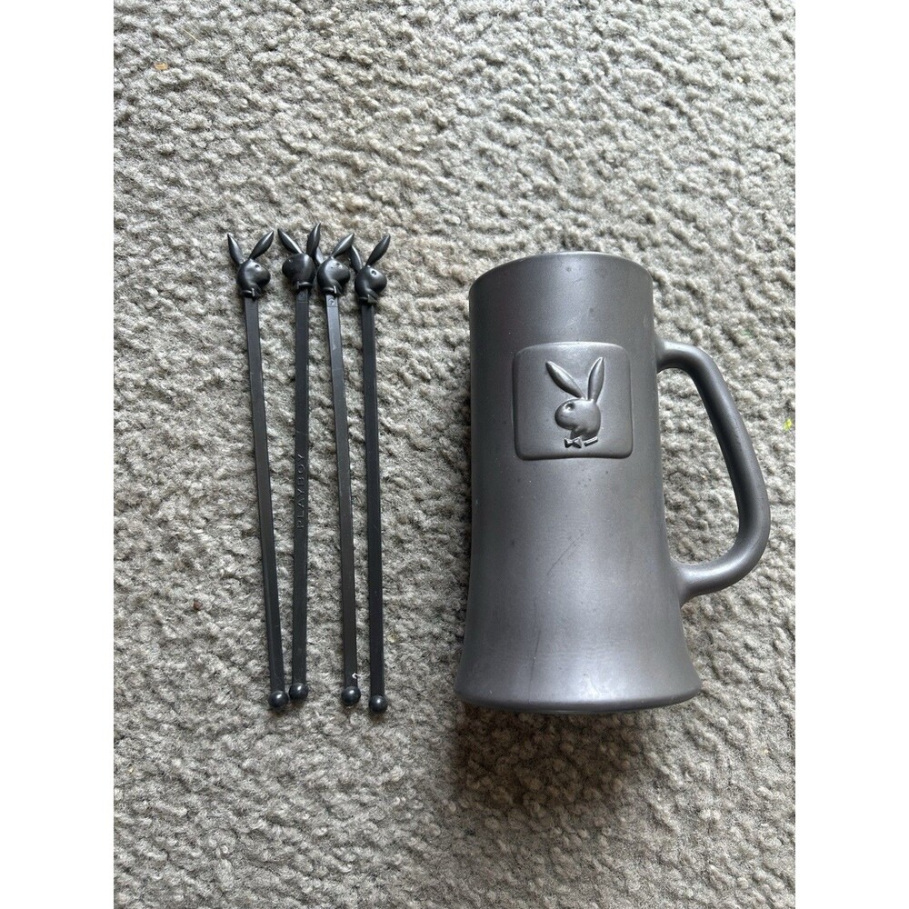 Vintage Playboy Collectible Beer Stein Mug Matte Black Bunny Logo W 4 Stir Stick